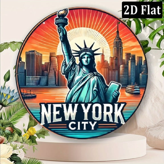 2D Flat Room Decor 1pc New York City Theme Vintage Metal Sign, 8 Inch Round Aluminum Wall Art, Durable Weather-Resistant Decor for IndoorOutdoor, Bathroom, Office, Restaurant, Garden, Caf