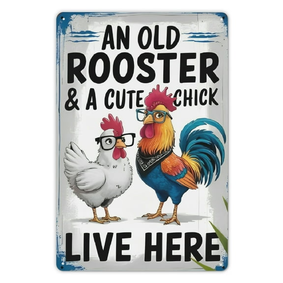 [2D Flat] Room Decor 1pc, Rooster and Hen Metal Sign, 8x12 Wall Art, Rustic Farmhouse Style Decor, Vintage Humorous Plaque for Home, Barn, Count- Vintage Farmhouse Easter Decorations