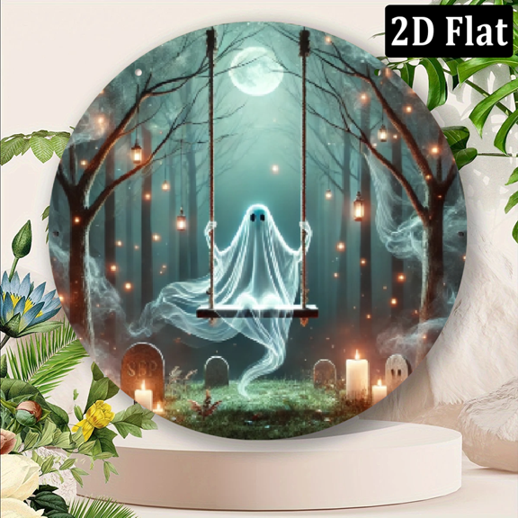 2D Flat Room Decor 1pc Surreal Ghost Forest Scene Aluminum Metal Wall Plaque, 8x8in, Mystical Ambiance, Non-Illuminated, for Cafe, Gym, Restroom Decor