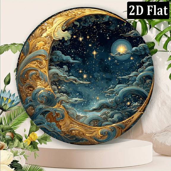 2D Flat, Room Decor 1pc Waterproof Round Aluminum Moon and Stars Print Metal Art Sign for Home Office Decor - 8x8inch Resistant Aluminum Material