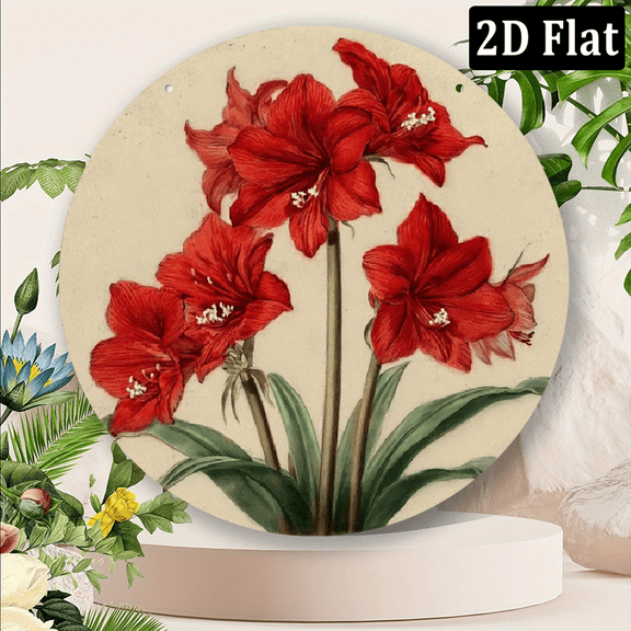 2D Flat Room Decor Red Amaryllis Floral Wall Art 8 Diameter, Foil Engraved Decorative Sign for Home, Garage, Cafe Versatile, Ideal Gift