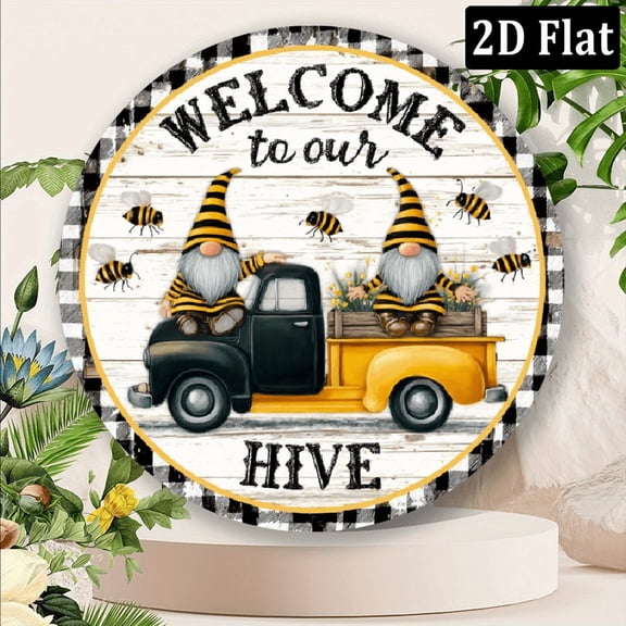 2D Flat, Room Decor Rustic Bumblebee Gnome Truck Iron Wall Art - Vintage Welcome to Our Hive Round Sign - Durable Outdoor Indoor Decor for Home, Cafe, Bar, Kitchen, Restaurant, Party, Garden 8*8in