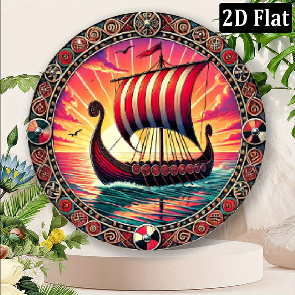 2D Flat Room Decor Viking Longship Themed Round Plaque - Aluminum Engraved Wall Art Decoration, Suitable for Bars, Cafes, Restaurants, Homes, Rooms, Garages - Decorative Hanging