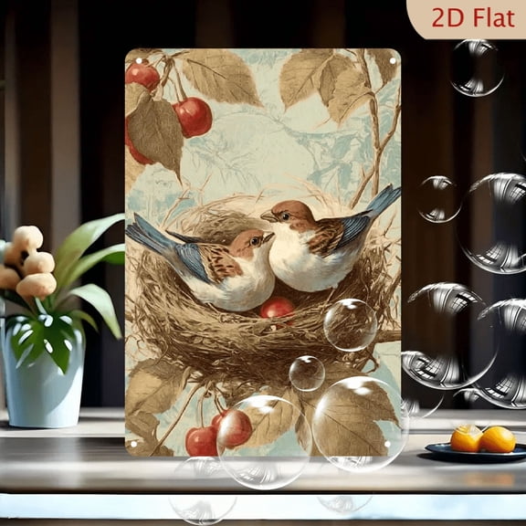2D Flat Room Decor Vintage Bird Nest Metal Sign, Rustic Iron Wall Decor, 8x12 Inch, Artistic Engraved Foil Etching, for Home, Cafe, Country-Themed Spaces.