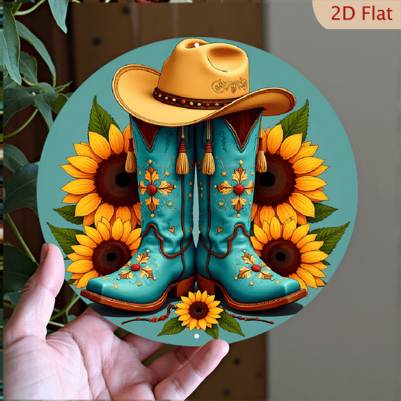 2D Flat, Room Decoration 1 Turquoise Cowboy Boots And Brown Cowboy Hat Retro Aluminum Logo, Classic 8*8 Inch Round Metal Plate, Reusable, Suitable for Home And Wall Art Decoration, Ideal for Cafes