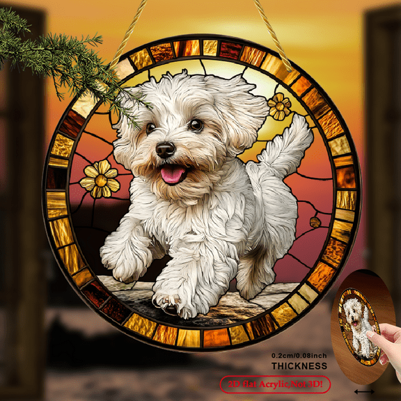 2D Flat,  Round Acrylic Dog Sun Catcher - Vibrant Stained-Glass Happy White Puppy with Golden Flowers, Outdoor Hanging Decoration for Home Garden Party, No Electricity Needed,   8*8inch