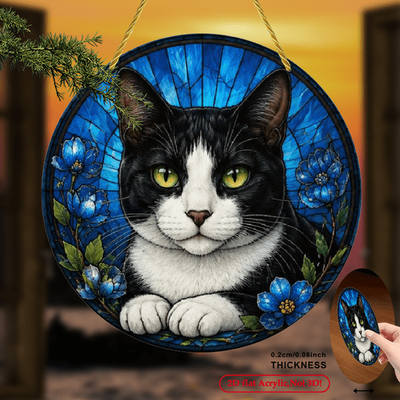 2D Flat Round Acrylic Sign, Elegant Tuxedo Cat Blue Flowers Sun Catcher, Colorful Stained Glass Effect, Home Window Decor, 8x8 Inch