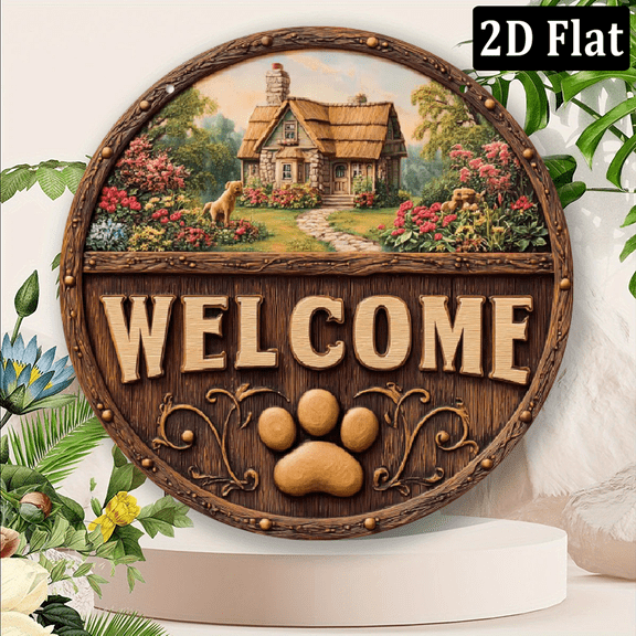 2D Flat, Round Board Decorative Sign, Welcome Doorplate Theme, Suitable for Bar Kitchen Coffee Shop Home Room. 8x8 inch