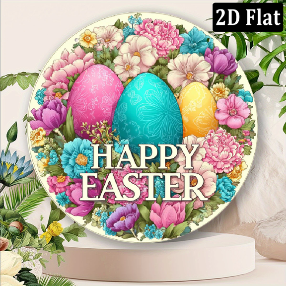 2D Flat, Round Easter Decorative Signs & Plaques Pastel Floral Easter Eggs Happy Easter Text Lightweight Wall Hanging Sign for Home, Farmhouse, Cafe, Garage IndoorOutdoor Spring Party Decor