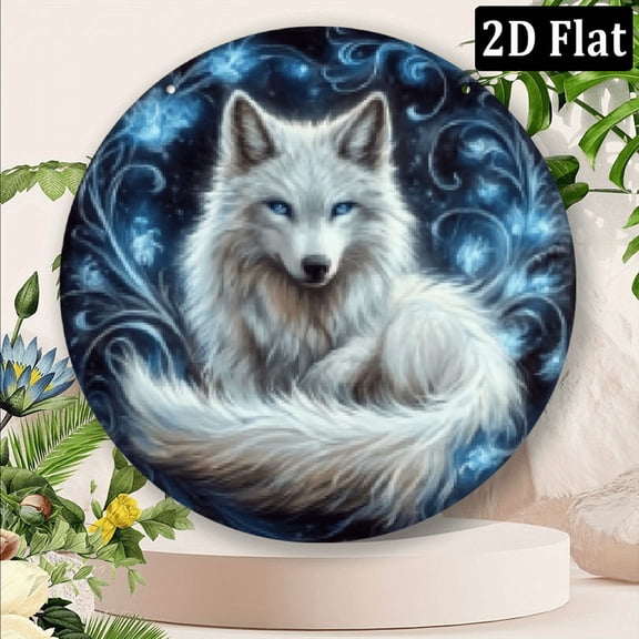 2D Flat, A Round Metal Plaque with a Silver Fox Design - Perfect for Home, Garden, Cafe And Bar Decor Unique Art Gift Ideas, Round Vintage Round Metal Logo Art Wall Decor, Home Round Mural