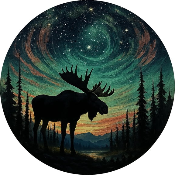 2D Flat Round Metal Sign Moose Under The Starry Sky Vintage Plate Retro Aluminum Sign Plate for Home Room Kitchen Garden Yard Bedroom Club Wall Art Decor 8 Inch