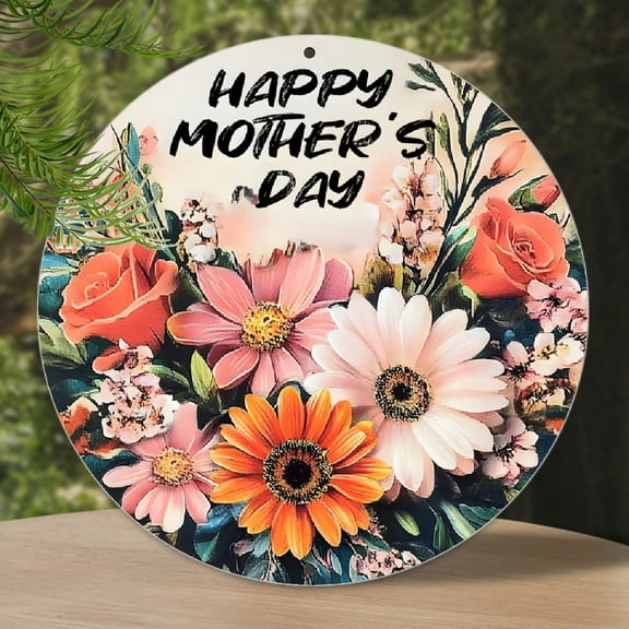 [2D Flat]Round Tin Painting in Aluminum, "Happy Mother'S Day" Flower Painting, Soft Colors, Good-Looking,  Decor for Home, Office, or Cabin, 100% Aluminum with 32% Higher Bending Resistance