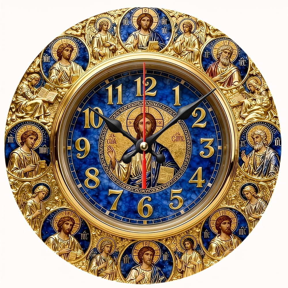 2D Flat Round Wall Clock,Golden Religious Icon Jesus Print,Silent Non ...