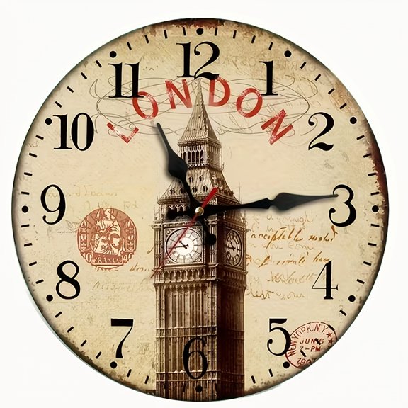 2D Flat Round Wall Clock,London Big Ben Vintage Postmark Print,Silent Non-Ticking Decor Clock,British Retro Wall Art,AA Battery Not Included