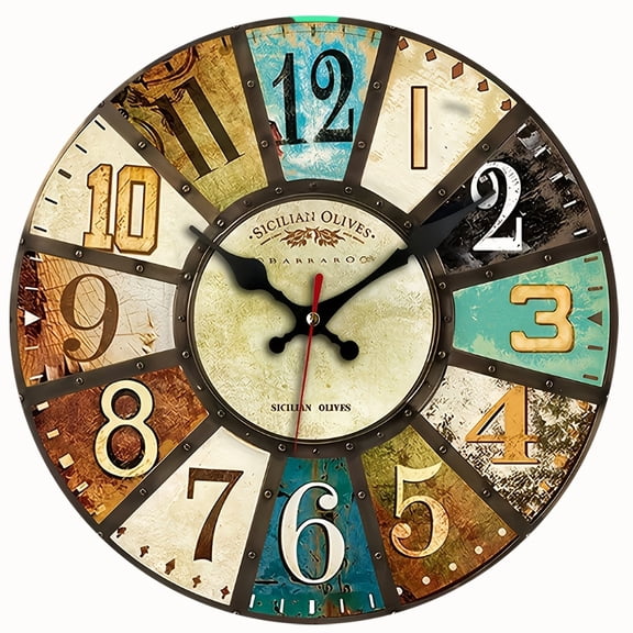 2D Flat Round Wall Clock,Rustic Retro Wall Art,Multi-Color Industrial Vintage Patch Print,Silent Non-Ticking Decor Clock,AA Battery Not Included