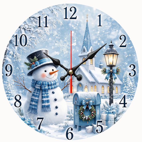 2D Flat Round Wall Clock,Snowman Winter Church Wall Clock,Silent Non‑Ticking Art Decor Clock for Christmas,Holiday Home Decoration,AA Battery Not Included
