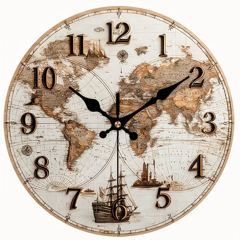 Modern Map Clock 2D Flat Round Wall Clock,Vintage Old World Map Pirate Ship Print,Silent ...