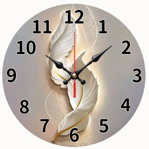 2D Flat Round Wall Clock,White Golden Feather Abstract Art Print,Silent Non-Ticking Decor Clock,Modern Minimalist Wall Art,AA Battery Not Included