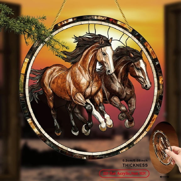 2D Flat a Running Horse Sun Catcher, round Acrylic Logo, Stained Glass Style Window Ornaments, Bohemian Style, Suitable for Home, Office, Ranch Decoration and Anniversary Gif 8*8inch