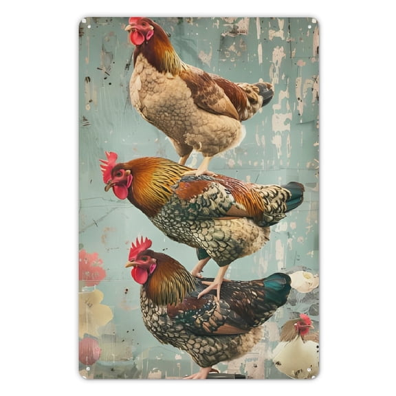 2D Flat, Rustic 2D Metal Wall Art - Retro Chicken Design, 8x12 Inches, Vintage Iron Decor for Kitchen, Bar, Coffee Shop, Home & Office, Rustic Green Background with Floral Accents
