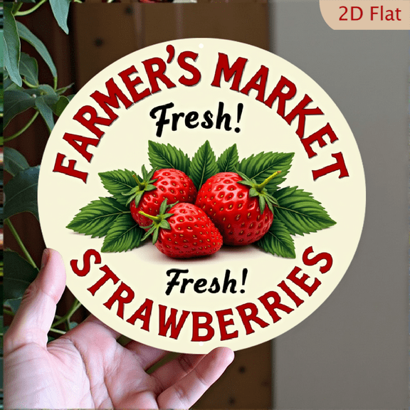 2D Flat, Rustic Aluminum Farmer's Market Wall Art Sign with Strawberry Wreath Design - Vintage Wood Texture & Bold Red Lettering, Circular Kitchen & Dining Room Decor, Farmhouse Accent Piece8*8inch