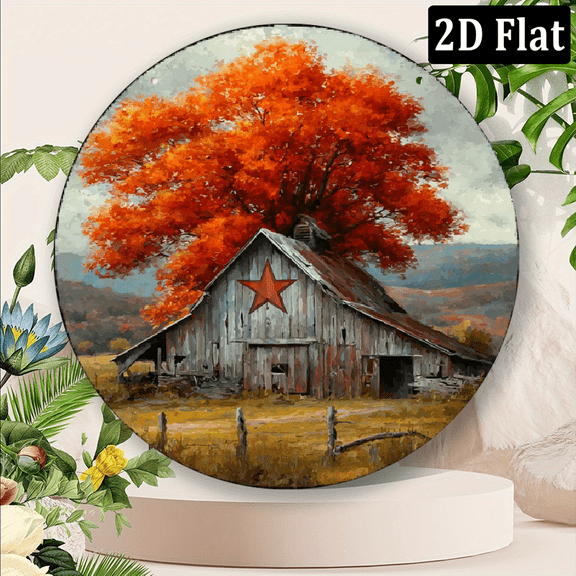 2D Flat, Rustic Barn Round Metal Sign - HD Print, Waterproof Rust-Proof, Perfect for Bedroom, Office, or Coffee Wall Decor8*8in