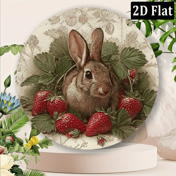 2D Flat Rustic Bunny Strawberries Round Sign Metal Wall Art for Home, Kitchen, Garden, Room Decor Vintage Farmhouse Rabbit Themed Decorative Plaque for Bedroom, Front Door, Office Ideal Gift for