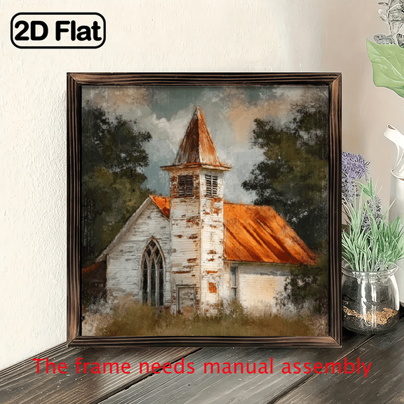 2D Flat, Rustic Churc hWood Framed Printed Sign - Vintage Farmhouse Wall Art with White Church Rustic Landscape Design, 8x8 Inch Multi-Purpose Inspirational Decor for Bathroom, Restroom, Cafe, Home