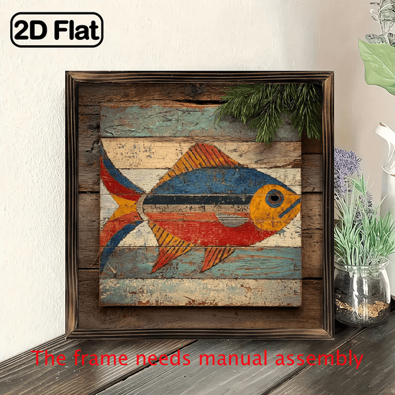 2D Flat, Rustic Coastal Wooden Fish Wall Art - 8x8 Inch Framed Vintage Nautical Sign with Colorful Striped Fish Design, Handpainted Look for IndoorOutdoor Home, Office, Cafe Decor - Perfect Holiday