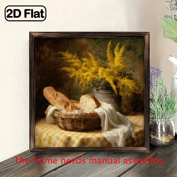 2D Flat, Rustic Farmhouse Floral Wall Art - 8x8 Inch Wooden Framed Wood Painting with Bread Vase Design, Vibrant Colors, Country-Style Decor for Bedroom, Living Room, Kitchen - Ready-to-Hang Home