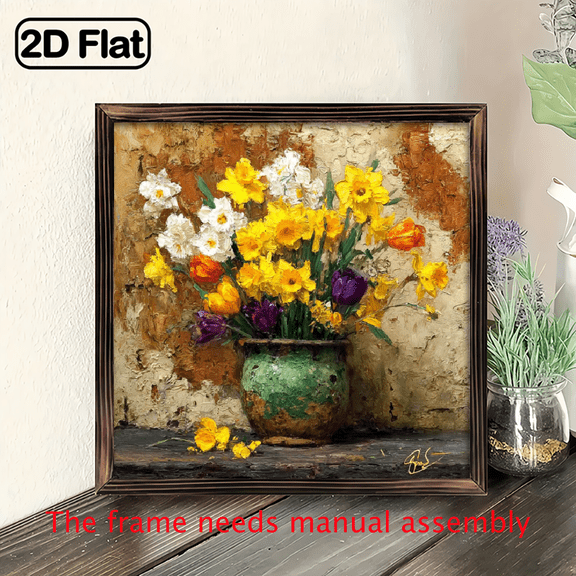 2D Flat, Rustic Farmhouse Floral Wood Wall Art - 8x8 Inch Wooden Framed Wall Decor with Vibrant Yellow, Pink, and Green Flowers in Vintage Vase, Indoor Kitchen Living Room Artwork, Fall Winter Sea