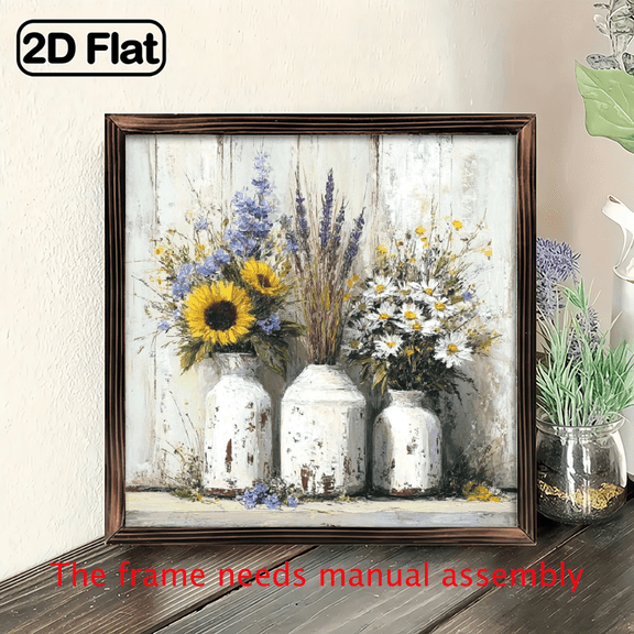 2D Flat, Rustic Farmhouse Floral Wooden Wall Art with 8x8 Inch Beige Brown Vintage Vase Daisies Design - Lightweight Square Wood Frame, Muted White Brown Tones for, Office Decor - Perfect Gift for