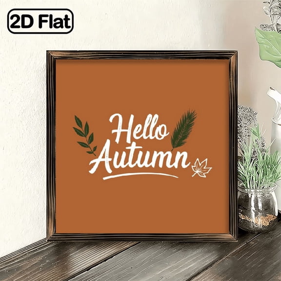 2D Flat, Rustic Farmhouse Hello AutumnWelcome Sign Fall Wall Decor with Brown Background White Script Lettering Recycled Wood Plaque for Thanksgiving, Halloween, Christmas Easy Hang Pre