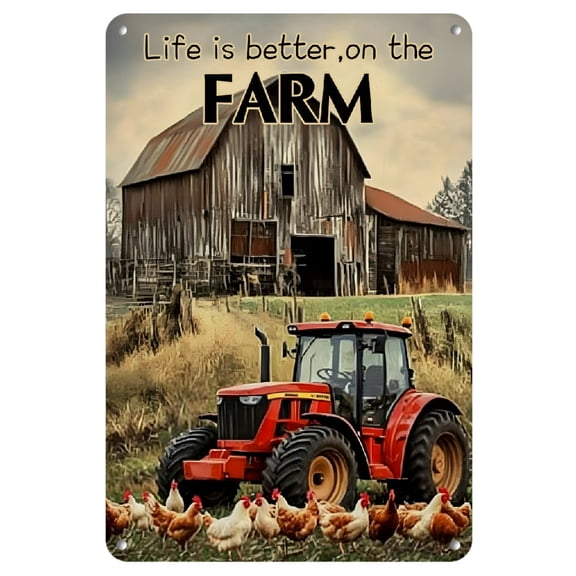 [2D Flat]Rustic Farmhouse Red Tractor Welcome Sign - 12x8" Metal Wall Decor with 'Life is Better on the Farm' Quote, Vintage Farm Scene for Home, Kitchen, Bar, or Outdoor Spaces