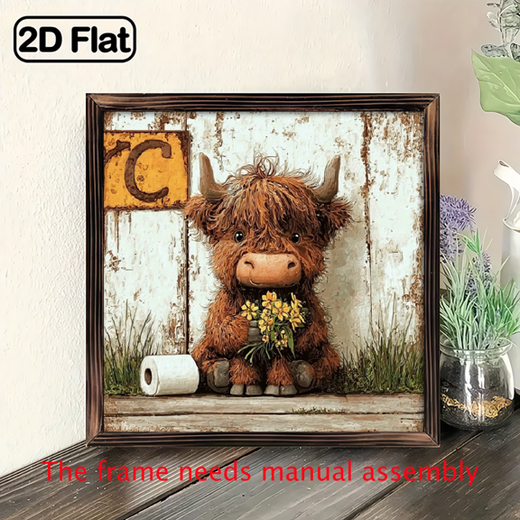 2D Flat, Rustic Farmhouse Wooden Highland Cow Wall Art, 8x8 Vintage Mural Sign, Transverse Orientation, No Electricity or Feathers, Ideal for Living Room, Bedroom, Toilets, and Offices - Perfect H