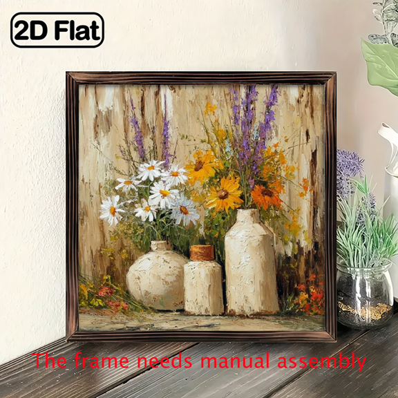 2D Flat, Rustic Floral Wall Art with 8x8 Inch Wooden Frame Vibrant Vase Design, Polished Finish, Lightweight Square Poster Board, Perfect for Home and Office Decor, Ideal Gift for Flower Enthusias