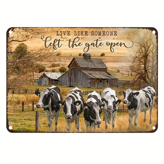 2D Flat, Rustic Holstein & Frisian Cow Metal Iron Wall Art Sign - 8x12 Inch Farmhouse Decor with 4 Black & White Cows, Barn & Fence Design, "Live Like Someone Left The Gate Open" Quote, Durable Iron