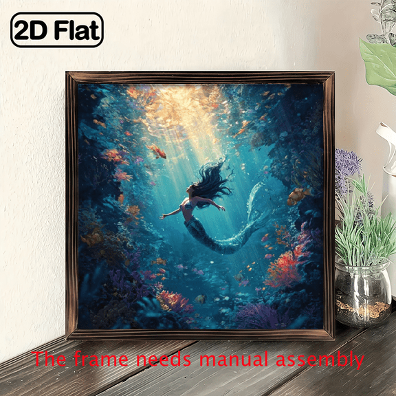 2D Flat, Rustic Mermaid Underwater Scene Wooden Wall Decor - Vintage Oceanic Hanging Art with Mermaid, Coral Reefs Fish - Easy-to-Hang Frameless for Living Room, Bedroom, Bathroom, Wedding - 8x8in