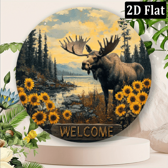 2D Flat - Rustic Moose Lake Theme Aluminum Sign, Round Welcome Wall Art, HD Printed Metal Poster, Waterproof, Dustproof, Durable, Easy to Hang - Ideal for Home, Garden, Bar, Cafe, Farmhouse Decor