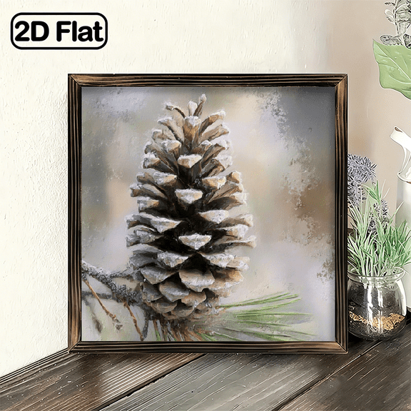 2D Flat, Rustic Pine Cones Needles Wooden Wall Art 8x8inch Winter Decorative Sign with Realistic Pine Design, Perfect for Holiday Home, Cafe, Bar, Farmhouse No Power Needed, Easy to Hang,