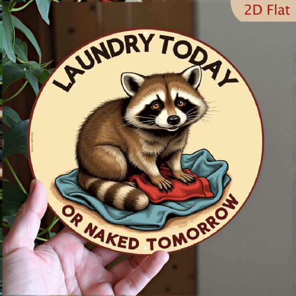 2D Flat, Rustic Raccoon Laundry Tin Sign - _Laundry Today or Tomorrow_ Humorous Aluminum Wall Decor, Vintage Cabin Style Metal Plaque for Home, Garage, Laundry Room - No Power Needed, 8*8in