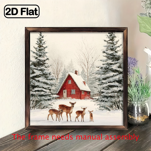 2D Flat, Rustic Reindeer Wooden Sign - 8x8 Inch Framed Wall Art for Christmas, Farmhouse Decor, Perfect for Living Room, Bedroom Desk - No Power Needed, Ideal Gift, Christmas Decor