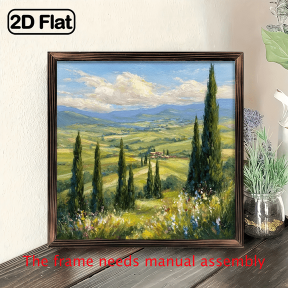 2D Flat Rustic Tuscan Landscape Painting - Wood Framed Wall Art Poster, Italian Countryside Decor with Cypress Trees, Farmhouse Living Room, Bedroom, Office Decoration - Vintage Italian8*8in