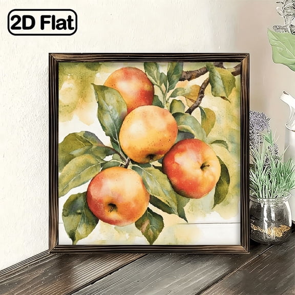 2D Flat, Rustic Watercolor Apple Branch Wall Art 8x8 Inch Wooden Frame, Vibrant Autumn Harvest Decor for Kitchen, Dining Room, Farmhouse Living Room, Kitchen Wall Decor Natureinspired Decor Comp