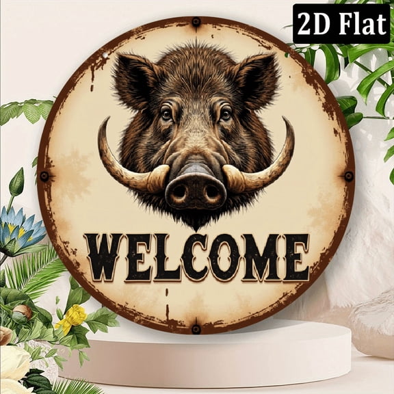 2D Flat, Rustic Wild Boar Welcome Sign - Round Aluminum Wall Decor with Realistic Pig Head Design, Weathered Wood Texture, Perfect for Kitchen, Living Room, Kitchen Decoration Vint 8*8in