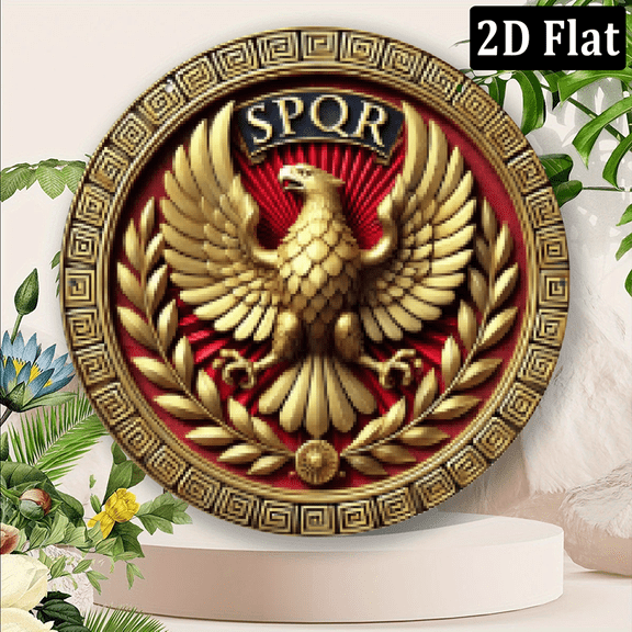 2D Flat SPQR Roman Legion Eagle Logo Metal Wall Art 8x8 inches 20x20cm, 2D Round Aluminum Logo Metal Wall Sign, Holiday Decoration, Suitable for Indoor and Outdoor, Farm, Restaurant, Garden, Bar