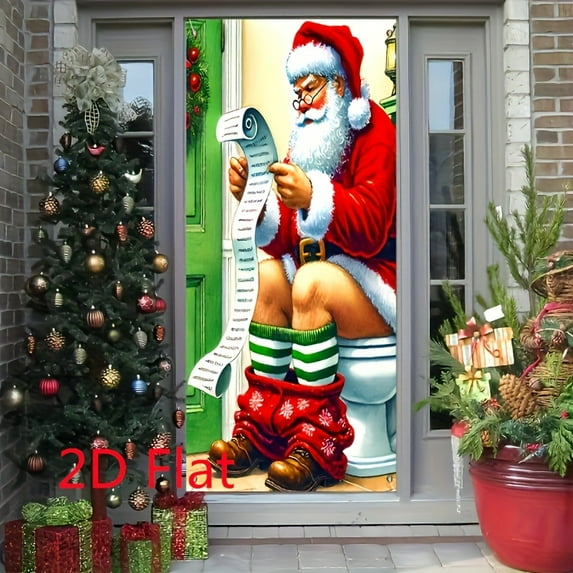 2D Flat Santa in Bathroom Checking Gift List Door Banner - 35x71 Inch Polyester Christmas Decoration, Humorous Holiday Design for Outdoor Lawn, Porch & Garden Party Backdrop, No Electricity Needed