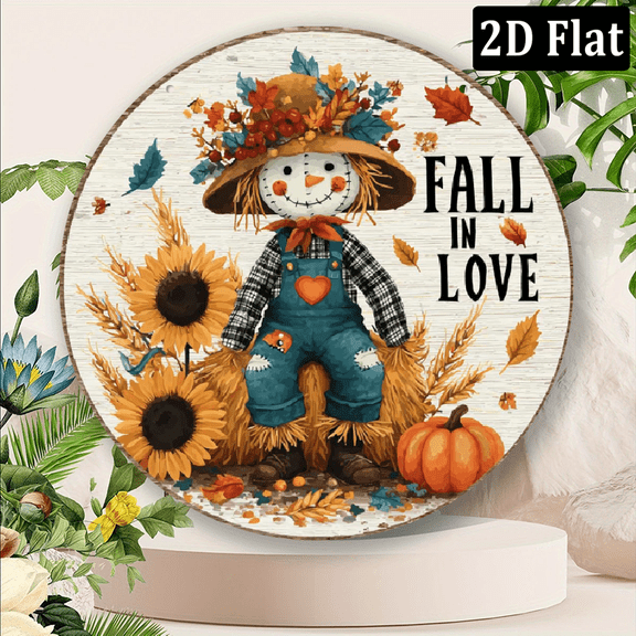 2D Flat, Scarecrow Welcome Sign - 8 Inch Round Rustic Metal Wall Art - Charming Autumn Decor for Porch, Front Door & Farmhouse Kitchens - Durable Aluminum Harvest-Themed 8*8in