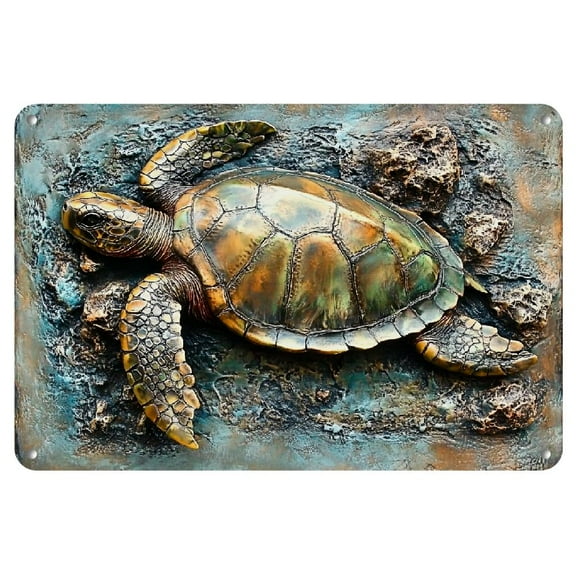 2D Flat, Sea Turtle Metal Wall Art, 1pc Vintage Iron 8X12 Inch Decorative Sign, 3D Relief Sculpture for Home, Bar, Cafe, Outdoor Garden Decoration