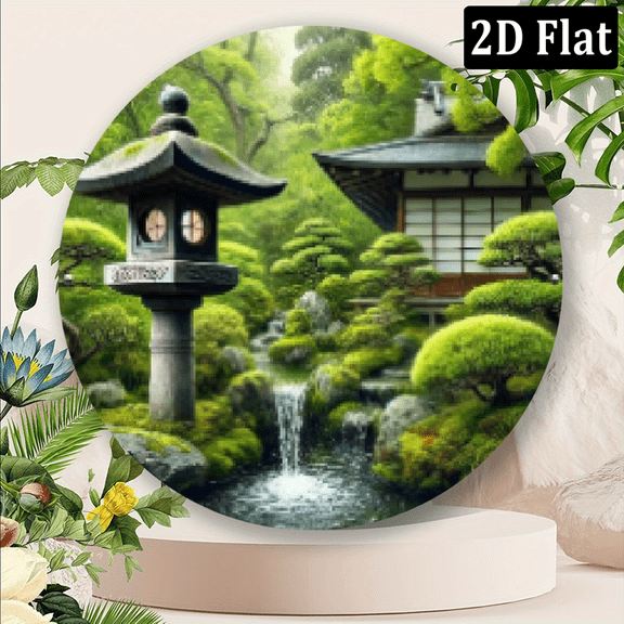 2D Flat Serene Japanese Garden Pond Theme Round Aluminum Sign, 8 x8in - Traditional Pagoda with Lantern Moss-Covered Rocks, Indoor Outdoor Wall Art for Home, Bar, Garage, Cafe, and Garden Decor